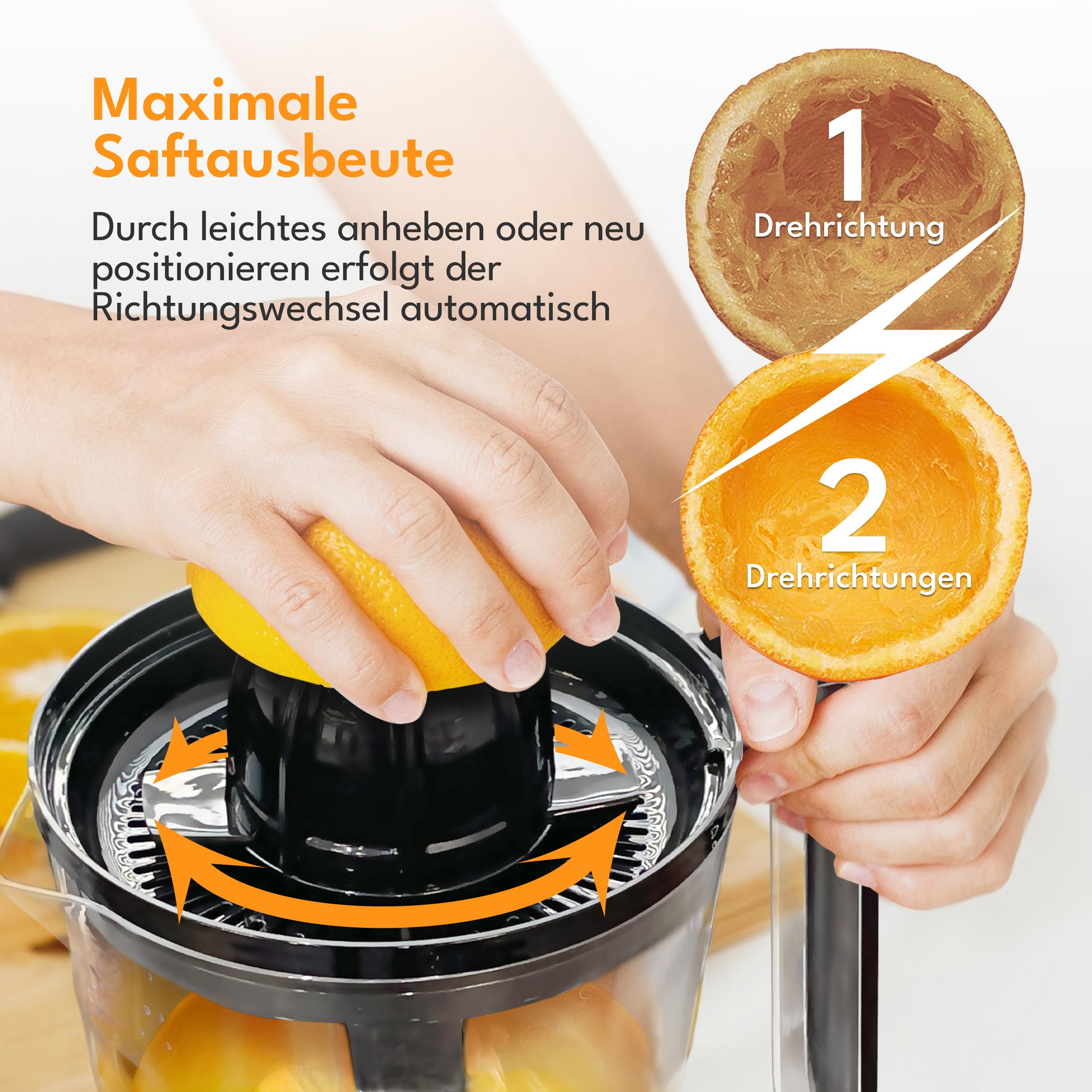 LEBENLANG Zitruspresse elektrisch - 2 Kegel & BPA-Frei I Hohe Saftausbeute I 700ml Orangenpresse elektrische Saftpresse Edelstahl für Zuhause I Entsafter Zitronenpresse Orangensaftpresse 4
