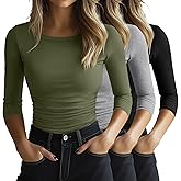 Locoowai 3 Pack Women's 3/4 Sleeve Shirts Slim Fit Side Ruched Tops Basic Crewneck Going Out Tees Y2k Outfits