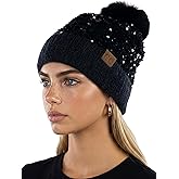 Funky Junque Women's Sequin Pom Beanies – Soft Knit Sparkly Bling Winter Hats for Women, Faux Fur Pom Glitter Sparkle Hat