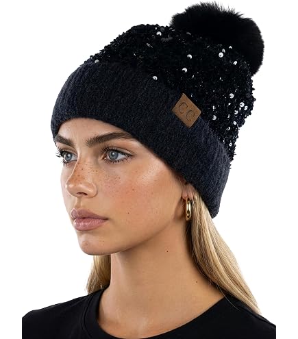 Faux Fur Pom Beanie with Crystal and Pearl Studs Striped Style Faux Pearl Bead Stud Fashion Beanie Knit Hat  main image 2