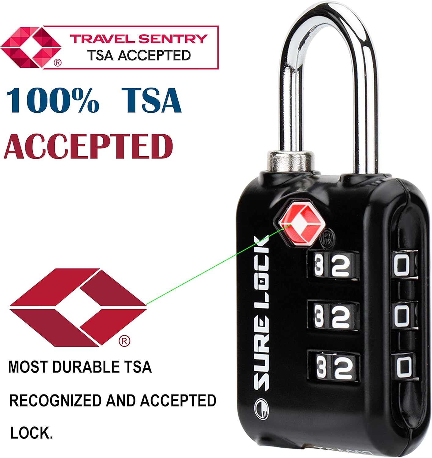  | SURE LOCK TSA Approved 3 Digit Luggage Locks with Zinc Alloy Body and Hardened Steel Shackle to Lock Travel Suitcase (Black 2 Pack) | Luggage Locks