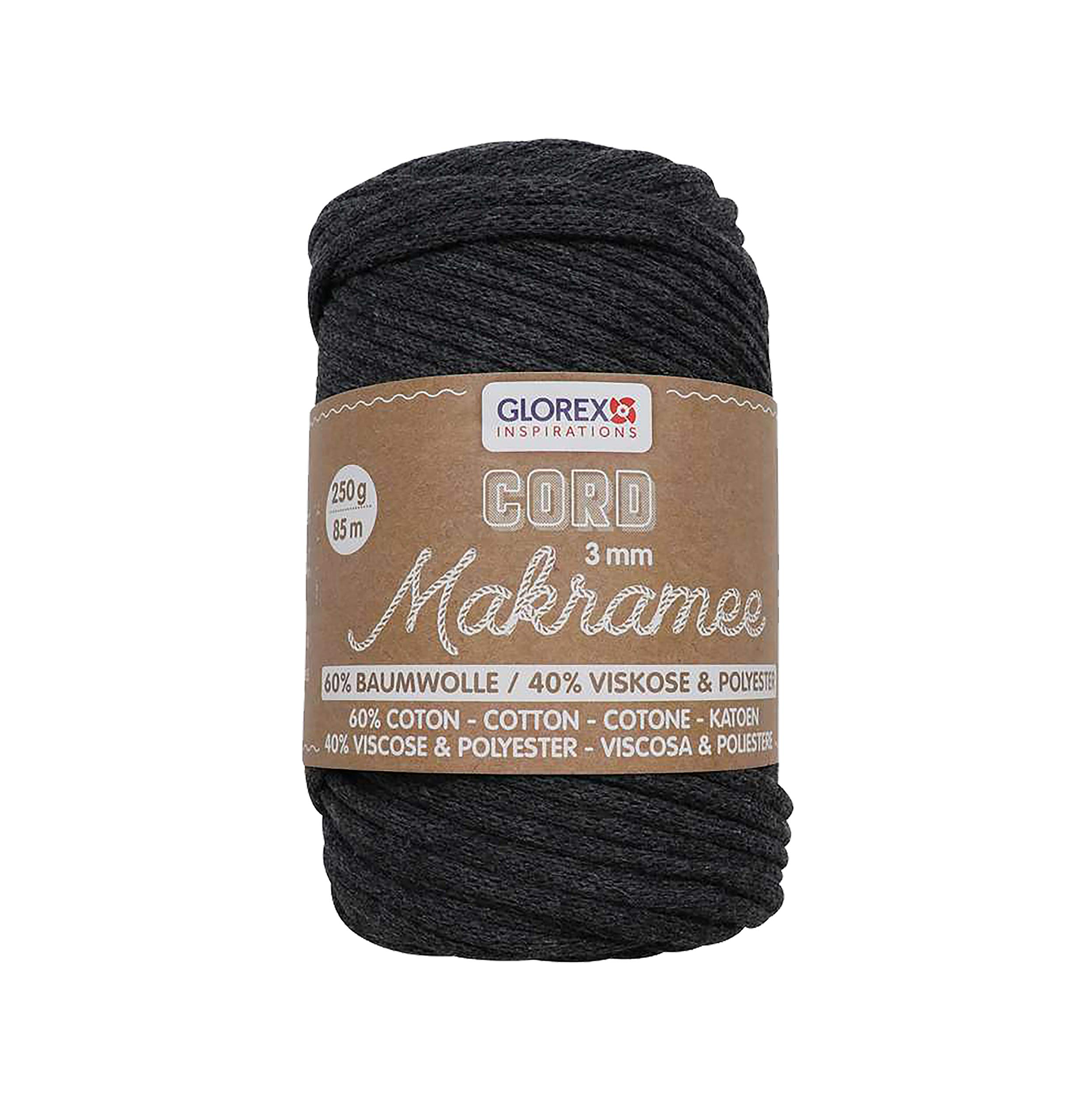 Glorex 5 1006 04 Macrame Cord 3 mm Super Soft Textile Yarn 60% Cotton / 40% Viscose for Crochet, Knitting, Knotting and Textile Design 250 g Approx. 85 m Woven Anthracite