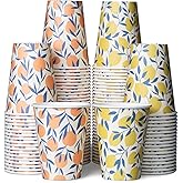 MATICAN Disposable Coffee Cups, 100-Pack 12-oz Bulk Paper Cups for Hot or Cold Drinks, Orange Blossom and Yellow Lemon Cups for Office, Parties, and To-Go Use (No Lids)