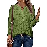 Simplee Womens Eyelet Dressy Blouses Tops Lace Casual Long Sleeve Hollow Out V Neck Fall Spring Boho Shirts