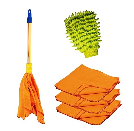 Vimal Dust Cleaning Combo Set of Golden Handle Duster Dust Mop (1 Pc) + Hi-Density Flannel Cloths (3 Pc) + Microfiber Mitt Hand Glove (1 Pc)