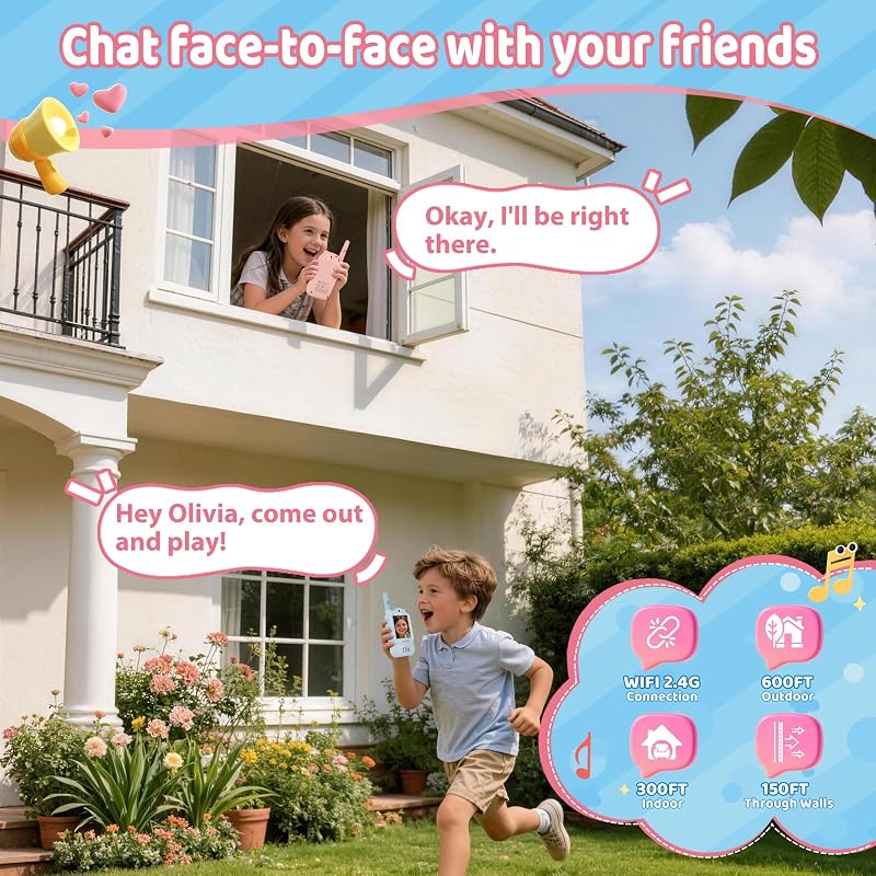 Vidéo Talkie Walkie Enfant Longue Portée Rechargeable, Cadeau Garçon et Fille 3-12 Ans, Écran LCD 2", Appel Vidéo, 6 Effets Vocaux, Appareil Photo, 23 Émoticônes, Bleu et Rose, Pack de 2