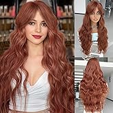 LEOSA Auburn Wigs for Women, 26 Inch Long Wavy Copper Layered Wig with Curtain Bangs Synthetic Natural Looking Hair Middle Part Redhead Wig for Daily Party,Dark Auburn