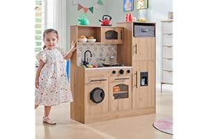 IFBUY Play Kitchen for Kids, Wooden Kids Kitchen Playset with Lights and Sounds, Kitchen Set for Toddler with Storage Box, Ice Maker, Oven and 11 Accessories for Boys and Girls Ages 3+ (Natural)