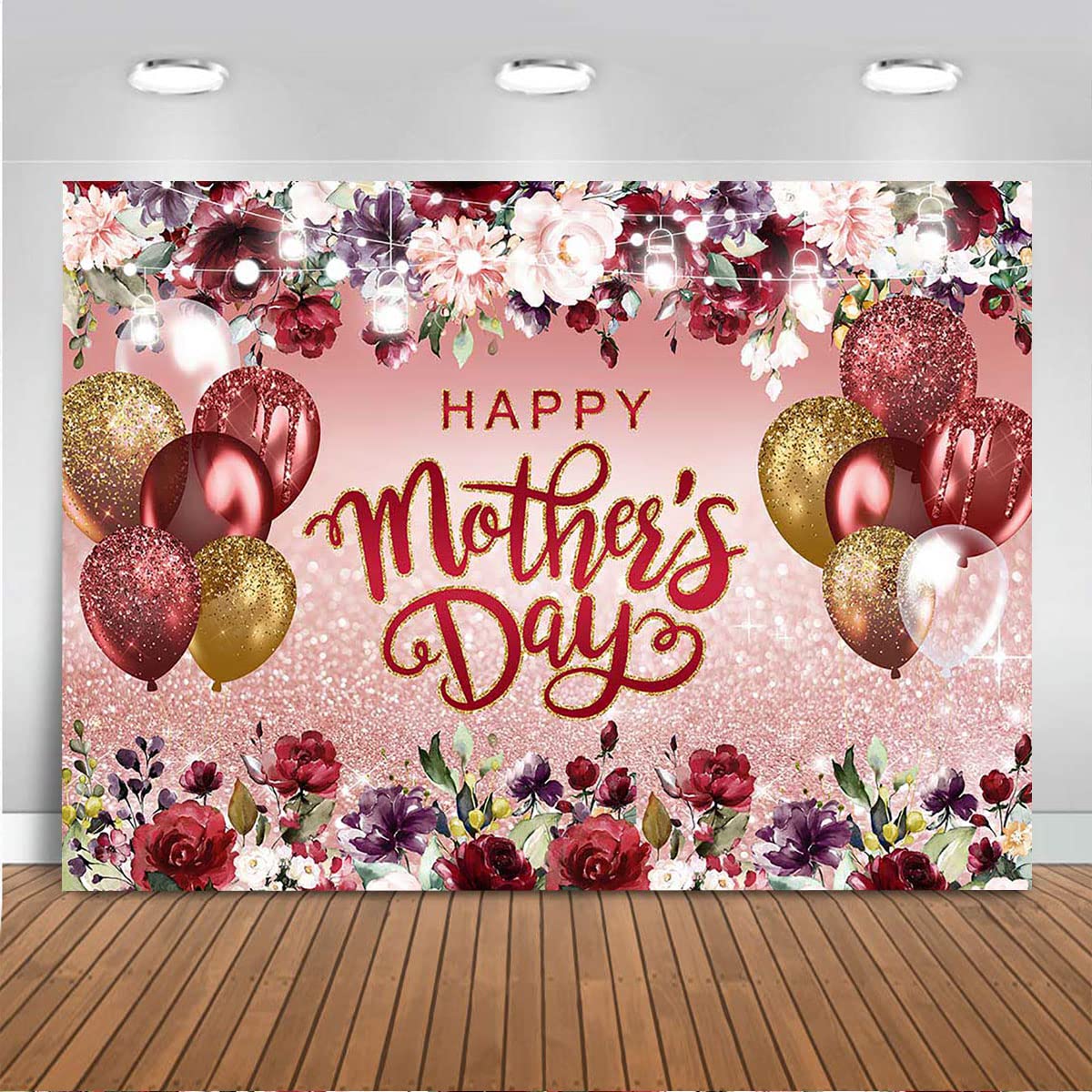 7x5Ft Burgundy Rose Gold Mother's Day Backdrop Bridal Shower Party Photo Decor