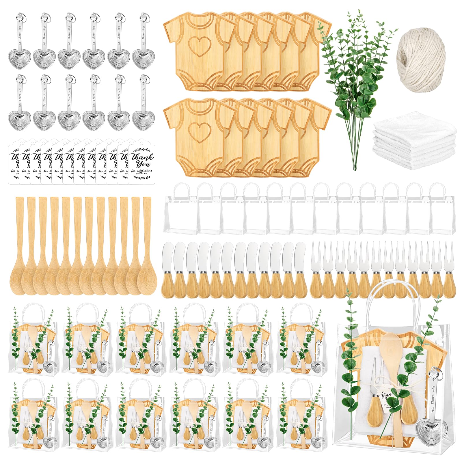 Photo 1 of 121Pcs Baby Shower Prizes for Game Winners Adults 12 Sets Bamboo Cheese Board Butter Spreaders Forks Measuring Spoons Kitchen Towels Thank You Gift Wedding Bridal Party Favors for Guests?Clothing?