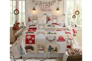 JESSY HOME Christmas Quilt Set Queen Size Bedding Xmas Home Decor Holiday Quilt Lodge Snowman Plaid Patchwork Lightweight Quilt Set Bedding Reversible Christmas Bed Set