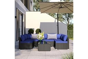 ELEGIBLISS 7 Pieces Patio Furniture Set - Outdoor Sectional Wicker Rattan Furniture with Cushion and Glass Table Patio Conversation Sets for Porch Poolside Backyard Outdoor Sofa Set Modular Sofa