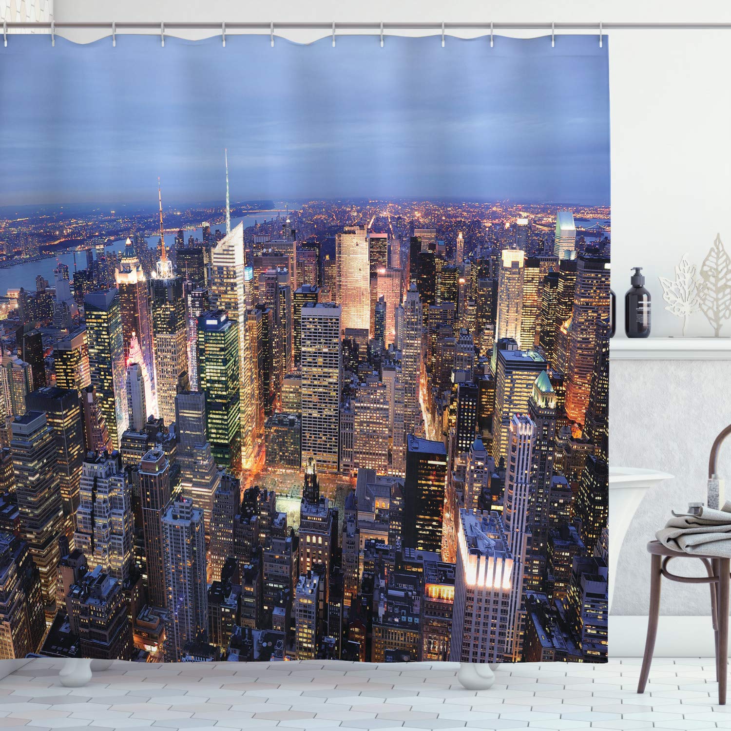 ABAKUHAUS New York Shower Curtain, Aerial View of NYC Full of Skyscrapers Manhattan Times Square Famous Cityscape Panorama, Cloth Fabric Bathroom Decor Set with Hooks, 94" Inches, Blue