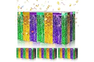FRTZAL 4 PCS Mardi Gras Party Table Skirt-29 x 109 Inch Mardi Gras Metallic Fringe Table Skirts-Purple Gold Green Tinsel Foil Fringe Decoration for Mardi Gras Holiday New Orleans Masquerade Party