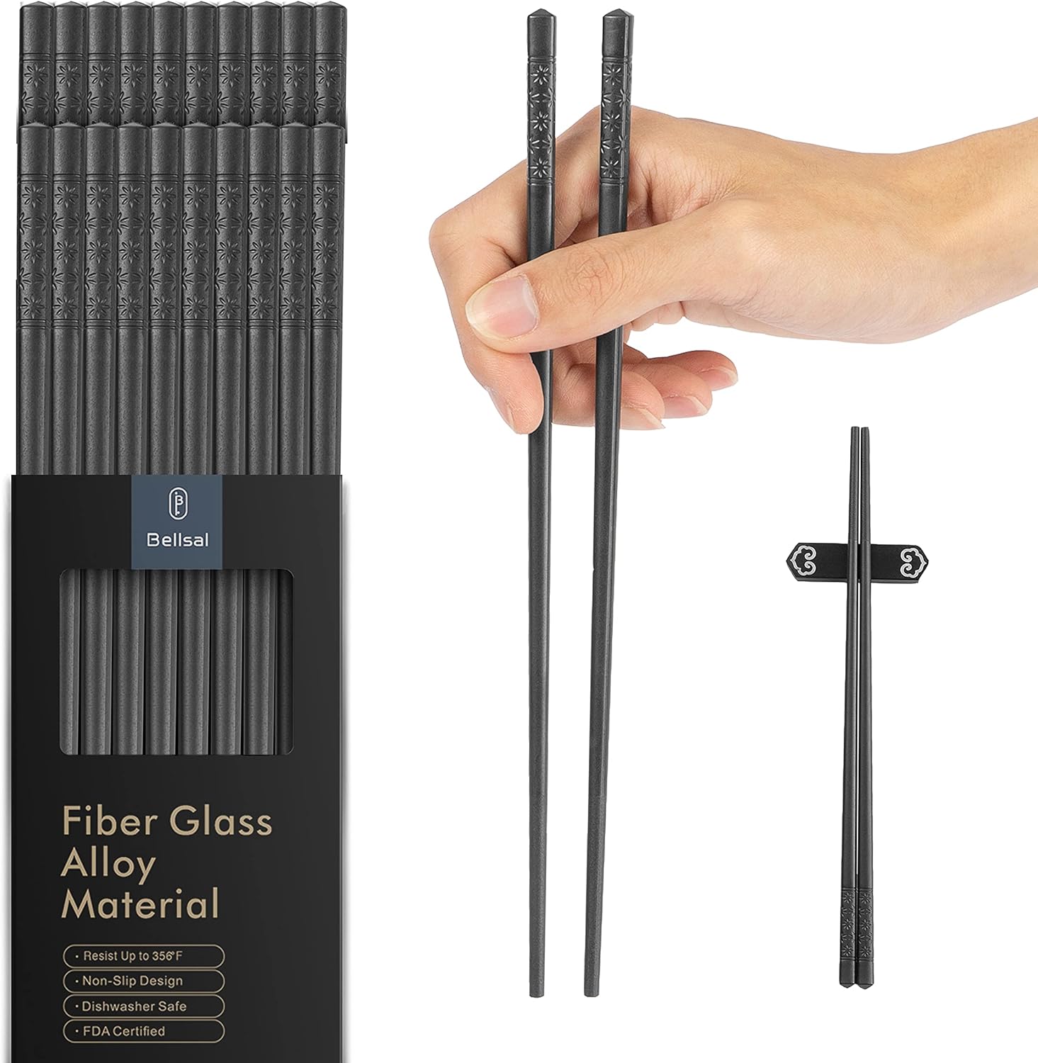 Bellsal Fiberglass Chopsticks Reusable Dishwasher Safe Non Slip Chop Sticks 10 Pairs Japanese Korean 9 1/2 Inches for Family Food Noodle Black Gift Set