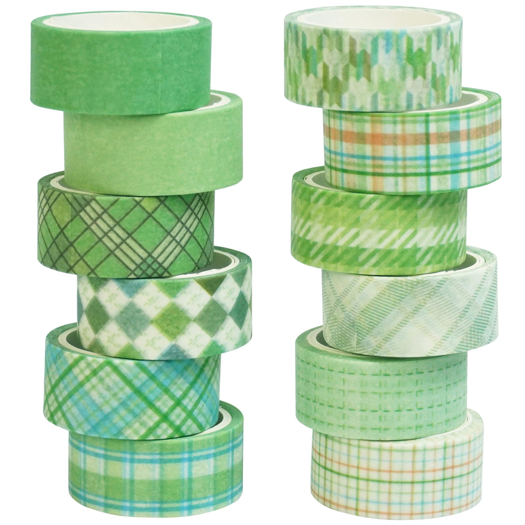 YUBX Basic Grid Washi Tape Set 12 Rolls Plaid Decorative Masking Tapes for Arts, DIY Crafts, Journals, Planners, Scrapbook, Wrapping (Green)