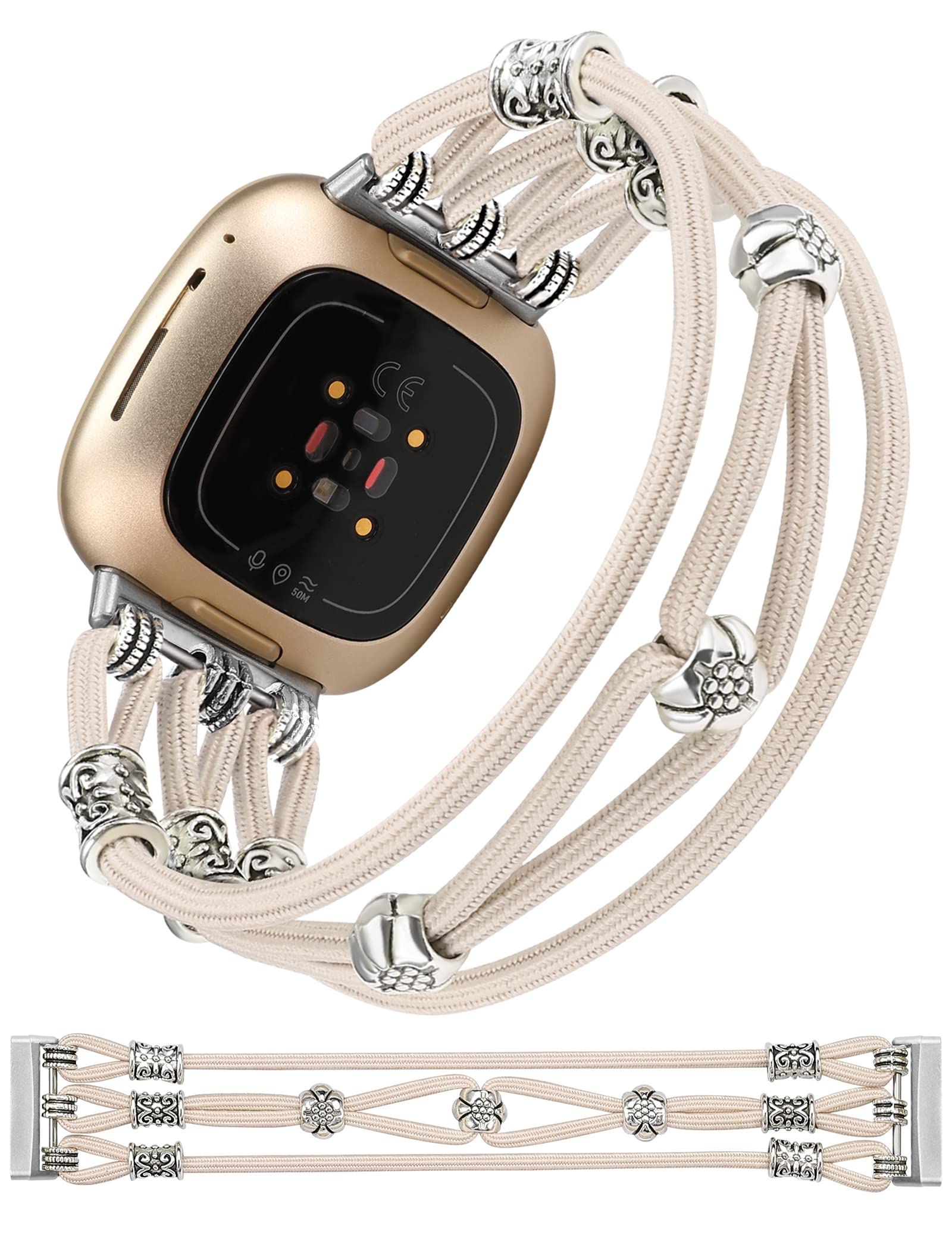 Wearlizer Beaded Bracelet Compatible with Fitbit Versa 4/ Versa 3/ Sense 2/ Sense Strap for Women, Handmade Elastic Nylon Stretchy Solo Loop Boho Cute Replacement Watch Straps for Versa 4 — image 1