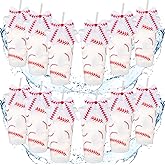 Skylety 12 Sets Sports Plastic Tumbler with Lid and Straw Bow Decorated 24oz Reusable Ball Themed Plastic Cups Sports Gifts for Fan Friend Birthday Ball Team Party Supplies(White,Baseball)