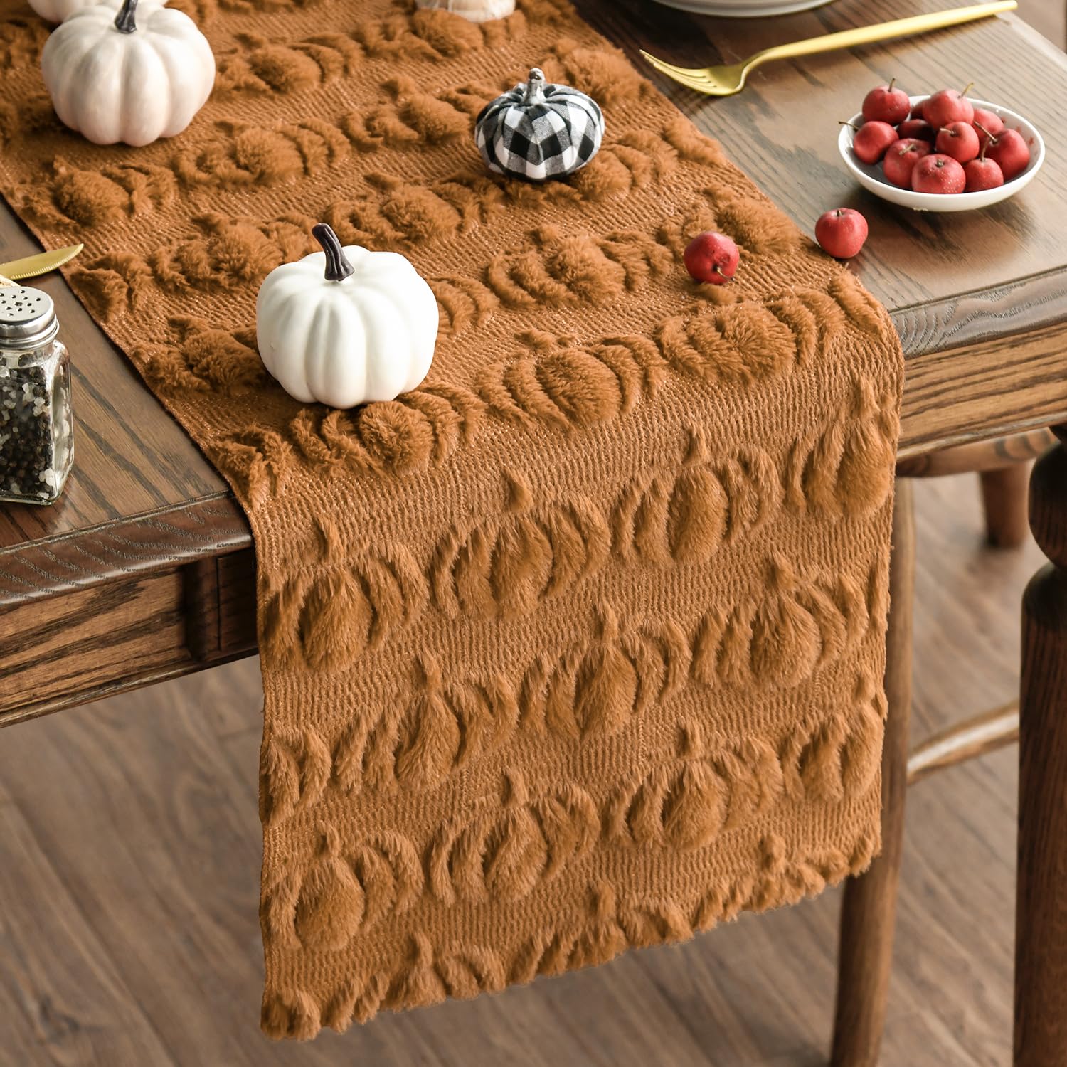 Photo 1 of Artoid Mode Caramel Soft Plush Faux Fur Jacquard Pumpkins Fall Table Runner, Seasonal Autumn Kitchen Dining Table Decoration for Home Party Decor 13x72 Inch