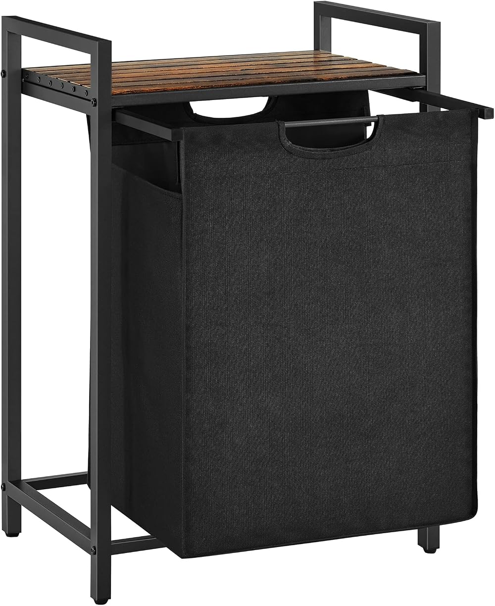 VASAGLE Laundry Basket 47 L Hamper with Shelf Pull-Out Liner 75 cm Ink Black