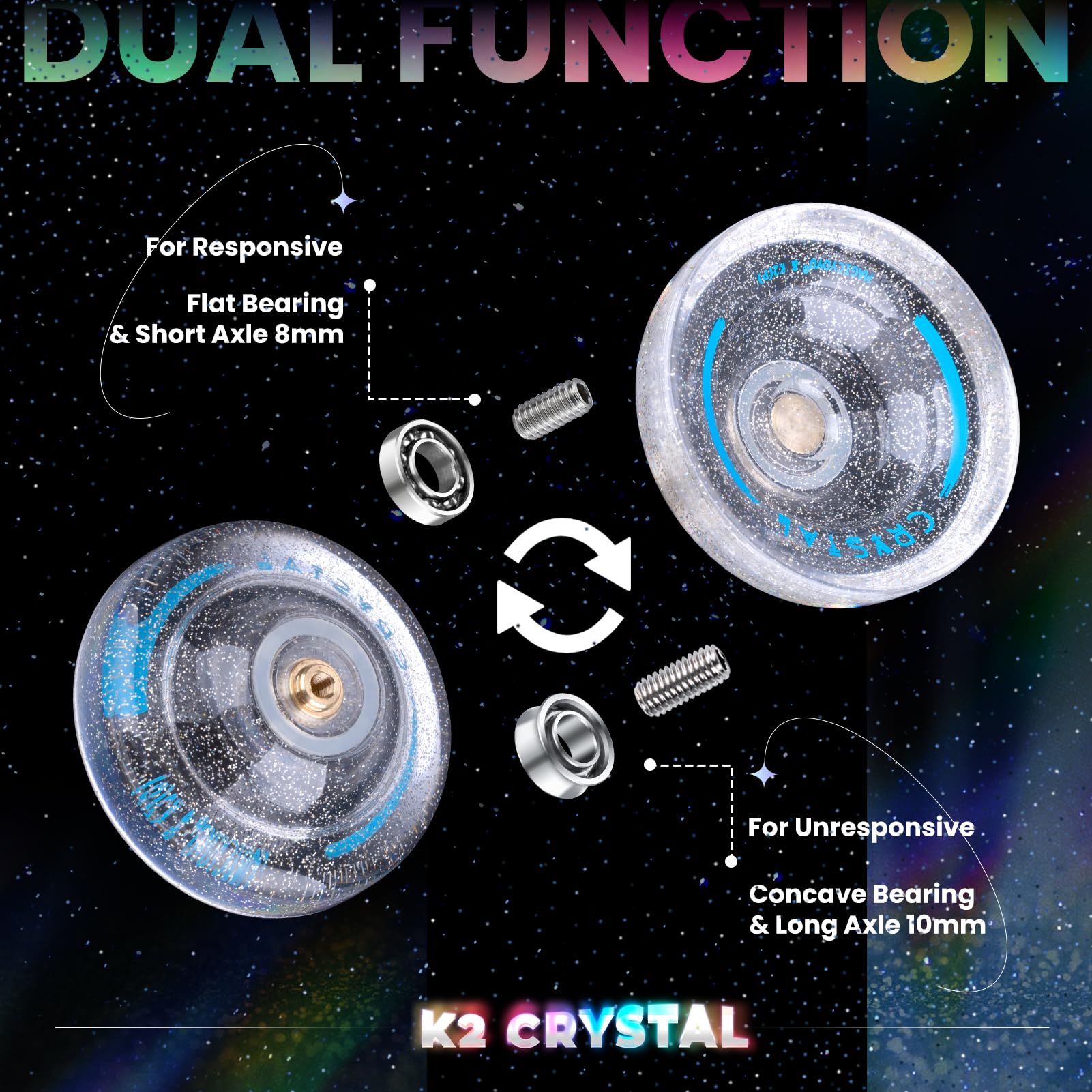 MAGICYOYO K2 Crystal Yoyo Silver Glitter Clear, Pro Responsive Yo-yo for Kids, Finger Spin Trick Yo Yo for Beginner, Dual Purpose Yo-yo with Extra Unresponsive Bearing + 12 Yoyo Strings + Case Bag
