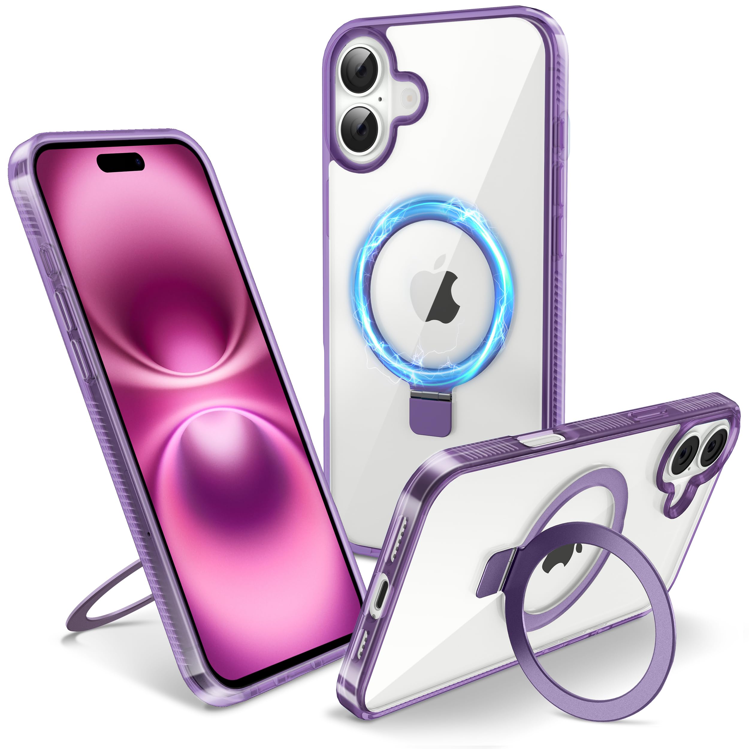 Photo 1 of Flyzoo Magnetic Case for iPhone 16 Plus - [Built-in Invisible Stand] [Compatible with MagSafe] [Military Grade Drop Protection] Anti-Yellowing Hard Back Silicone Edge Cover, 6.7", Clear Purple