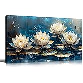 Large Canvas Wall Art for Living Room Bedroom Home Office Blue White Lotus Flower Picture Framed Canvas Prints Artwork Ready to Hang Size 24x48