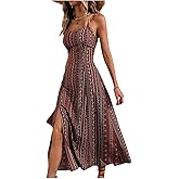 RoseSeek Women's Boho Split Thigh Vacation Midi Dress Spaghetti Strap Slim Fit Cami Slip Dresses