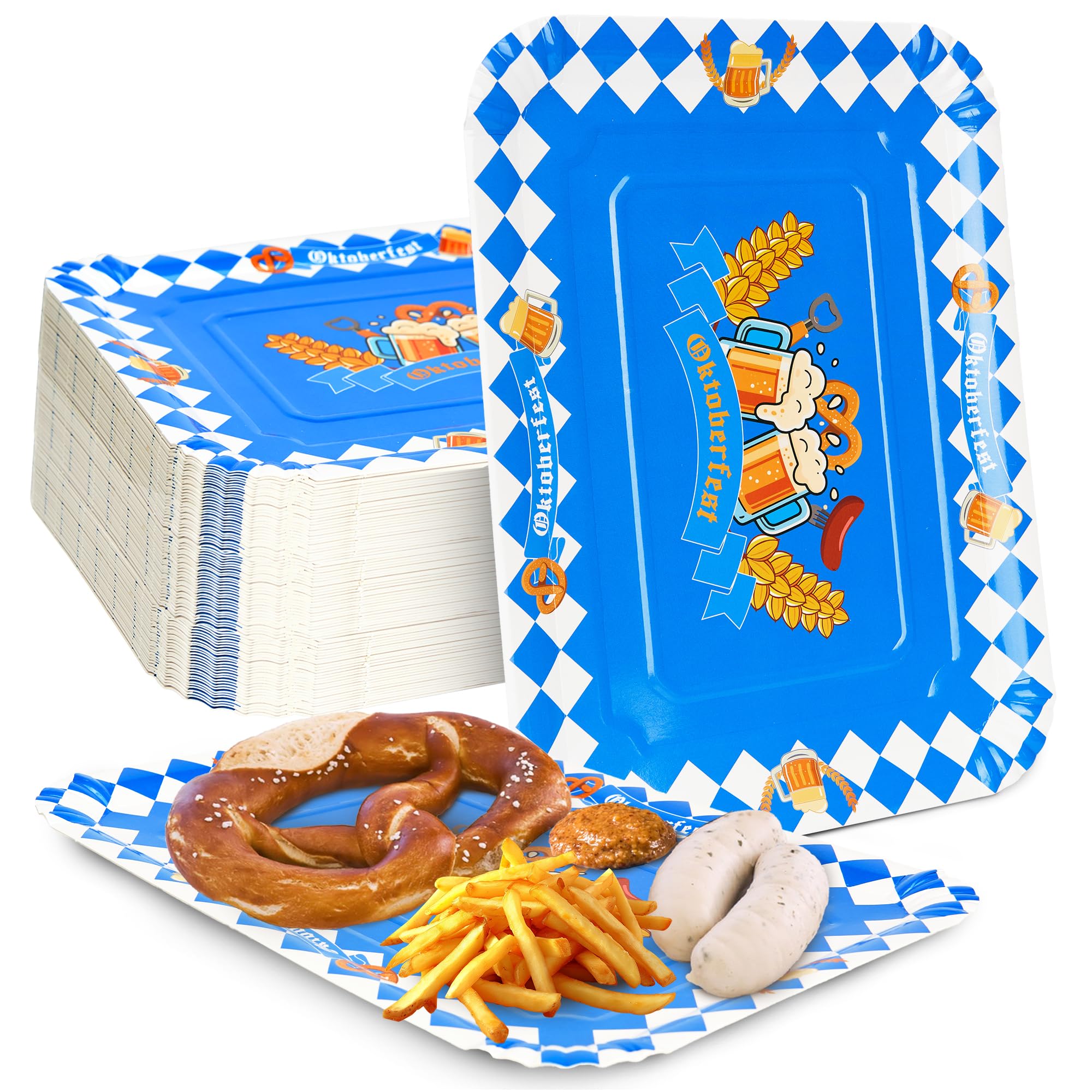 Photo 1 of 30PCS Oktoberfest Party Plates - Extra Large Disposable Paper Food Trays, Blue and White Bavarian Flag Design for German Beer Festival Birthday Supplies Decorations (13"x9")