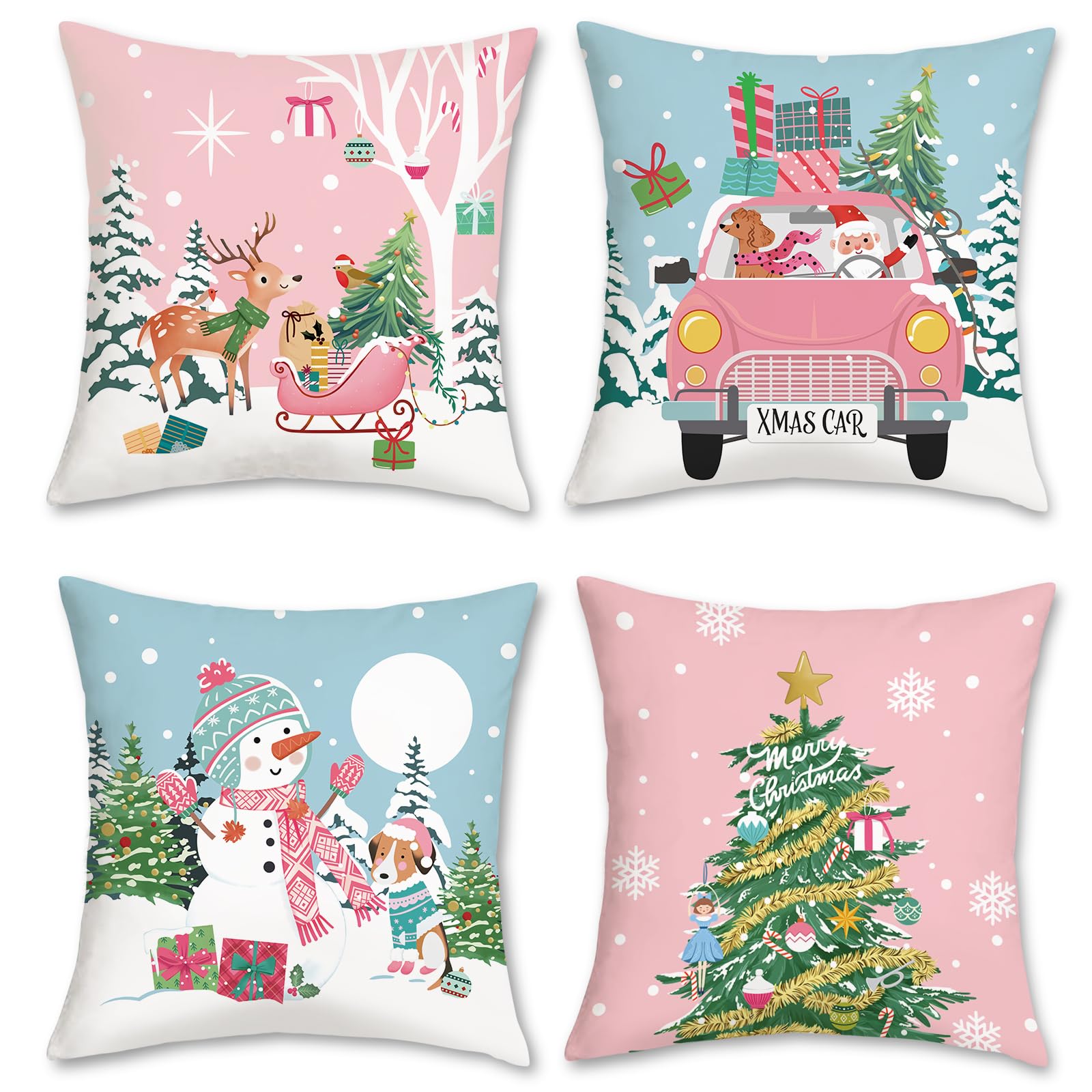 Bonhause Christmas Cushion Covers 45 x 45 cm Xmas Trees Winter Snowman Reindeer Santa Decorative Throw Pillow Covers for Sofa Bed Home Xmas Holiday Decor Set of 4