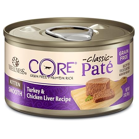 Wellness Core Natural Grain Free Wet Canned Cat Food, Kitten Turkey & Chicken Liver, 3 Oz Can - 12-Pack