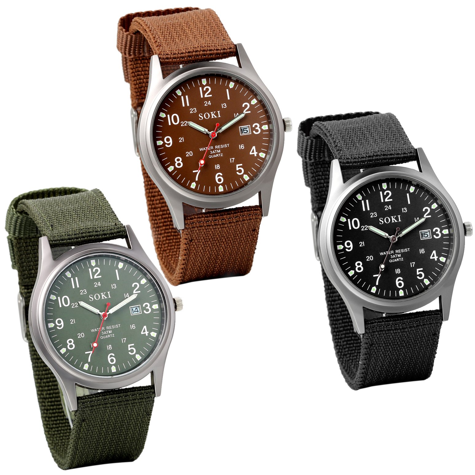 JewelryWe Lot of 3 Wholesale Men's Nylon Strap Field Watch Quartz Wrist Watches