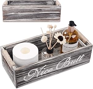 Bathroom Decor Box Storage, Wooden Toilet Paper Holder Funny Home Decor Stand for Bathroom, Kitchen, Table and Counter Rustic Grey