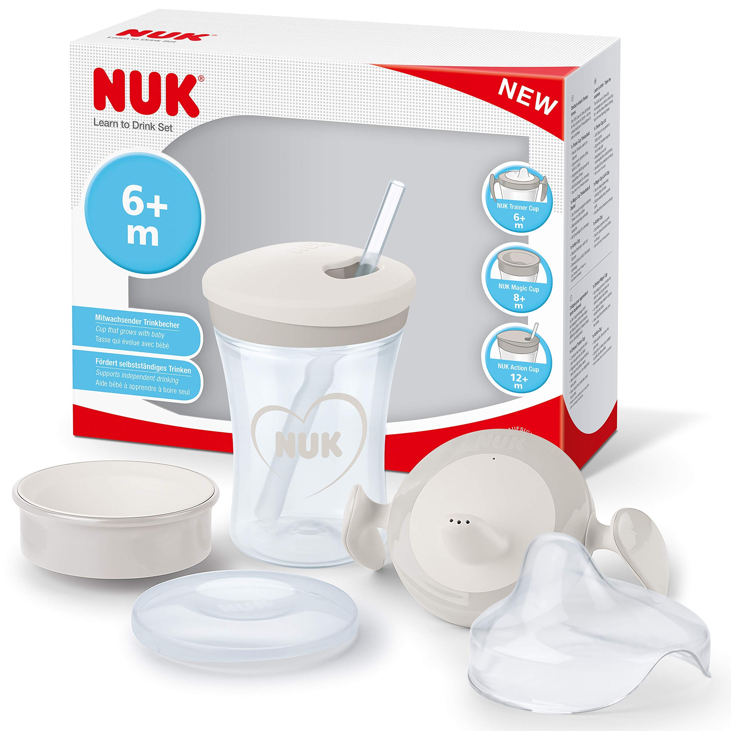 NUK Learn to Drink Set with Trainer Cup Learner Cup (6M+) | Magic Cup 360° Sippy Cup (8M+) & Action Cup Toddler Cup (12M+) | 230 ml | BPA-Free | Grey & White