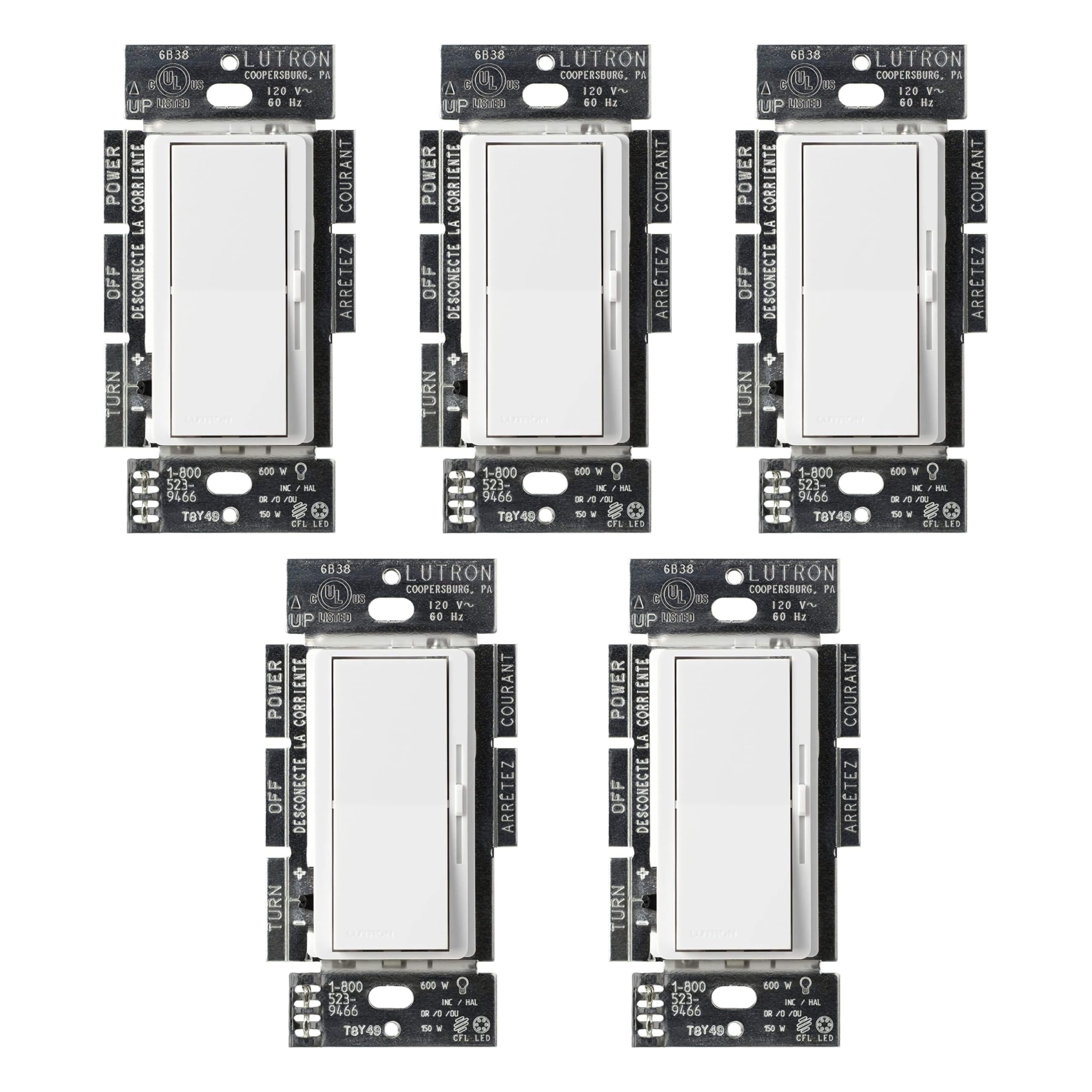Photo 1 of (***Missing one***
Lutron Diva LED+ Dimmer Switch for Dimmable LED, Halogen and Incandescent Bulbs, 150 Watt, Single-Pole or 3-Way, DVCL-153P-WH-5, White, 5 Pack
