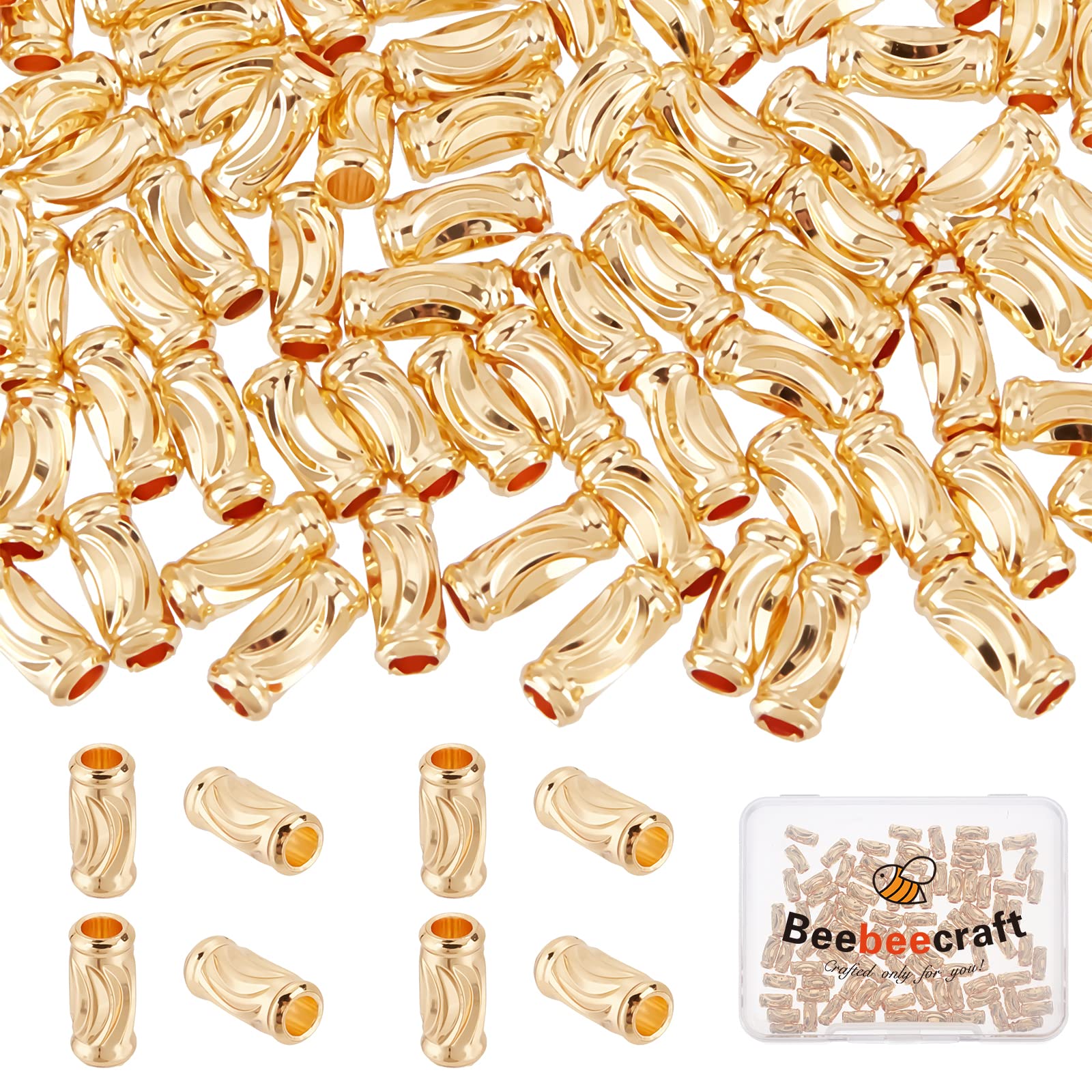 Beebeecraft 1 Box 100Pcs Tube Beads 18K Gold Plated Column Spacer Beads Hollow Jewellery Making 7x3mm for DIY Bracelet Necklace