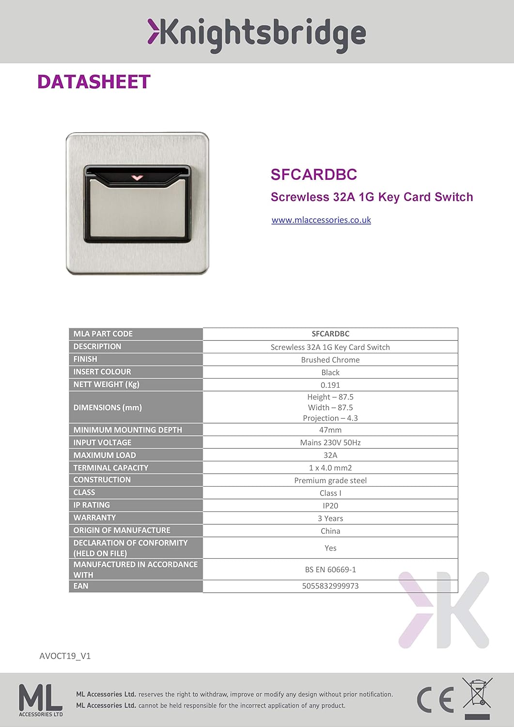 Knightsbridge Key Card Switch, Brushed Chrome - Image 5