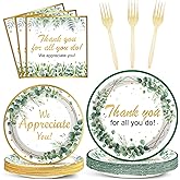 Thank You Party Plates Napkins We Appreciate You Tableware Set Green Eucalyptus Leaf Dinnerware Employee Appreciation Disposable Plate Fork for Teachers Doctors Nurses Staff Graduate Supplies Serve 24