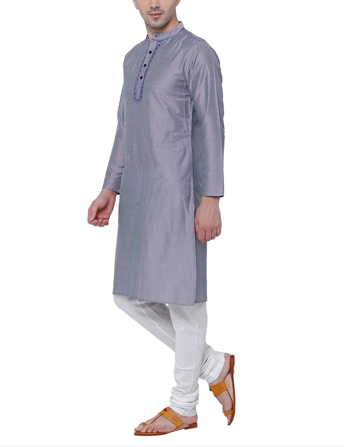 svanik grey blended stripe embroidered long kurta