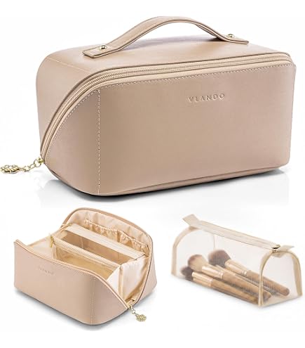 ALEXTINA Travel Makeup Bag Organizer for Women, Large Capacity Cosmetic Make up Bag with 180° Open-Flat Design & Collapsible Handle, Waterproof Vegan Leather Toiletry Bag for Travel Essentials, Khaki : Beauty