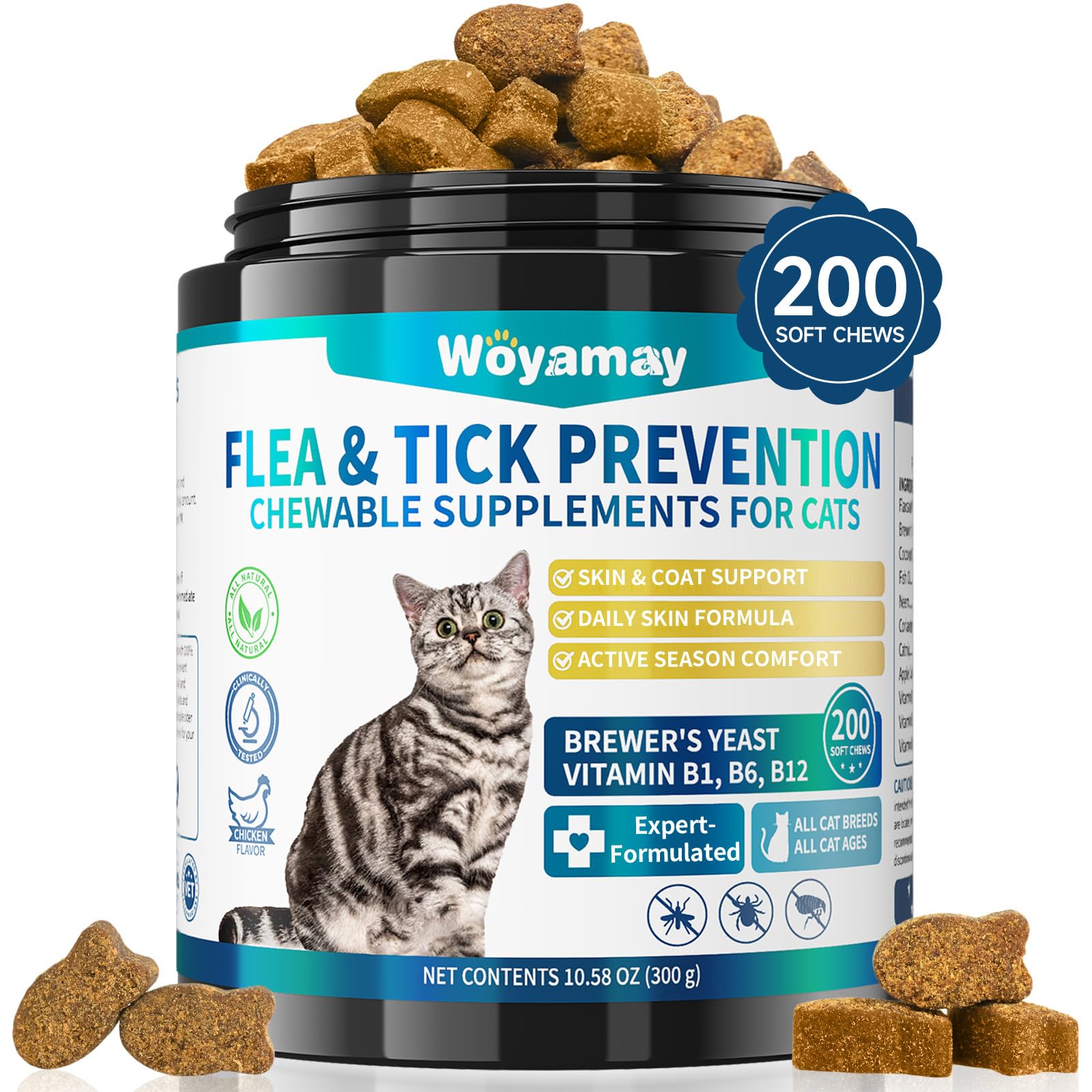 Woyamay Flea and Tick Support for Cats Chewables, 200 Treats Natural Cat Flea Chews, Daily Cat Flea Care, Flea Support Chewable Supplement for Cats Kittens for All Breeds, Chicken Flavor