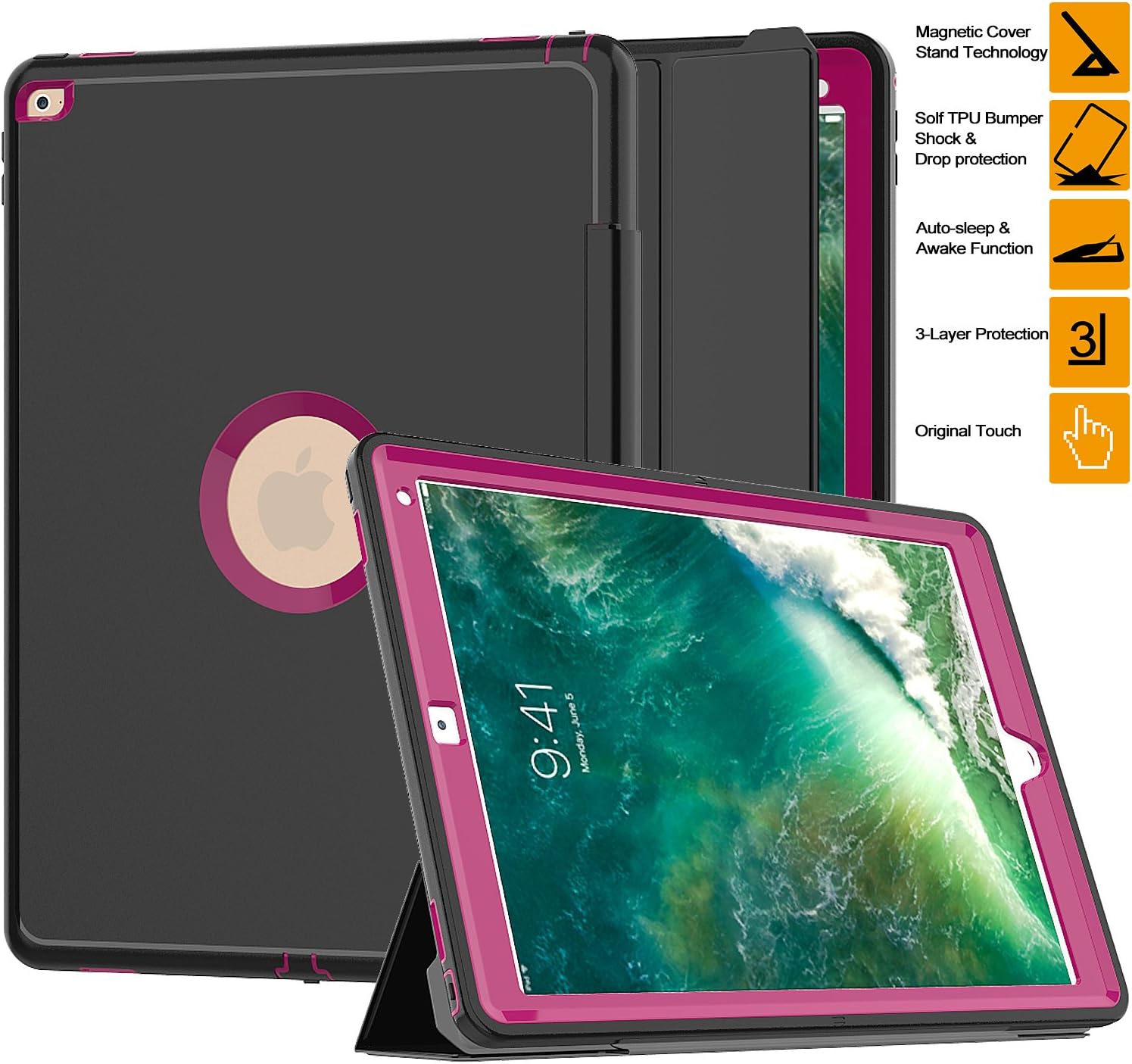 iPad Case, iPad Pro 12.9'' Case, SAYMAC Heavy Duty [Smart Cover] Shockproof 3-Layer Protection Rugged Hybrid Defender with Magnetic Auto Sleep/Wake Function (Rose)