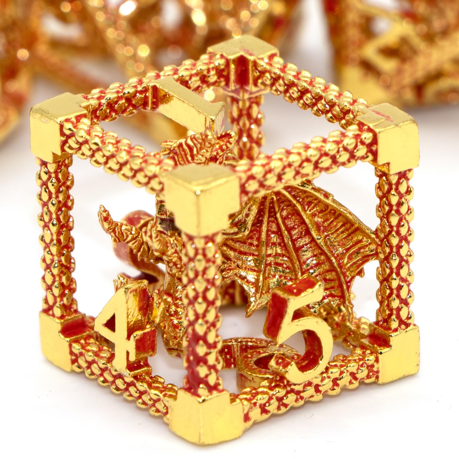 HNCCESG D and D Dice,Metal DND Dice of 7pc,Dungeons and Dragons Dice Set Polyhedral Dice Role Playing Dice Set Hollow Dice Gaming D D Gift for Table Game RPG Shadowrun (Gold red)