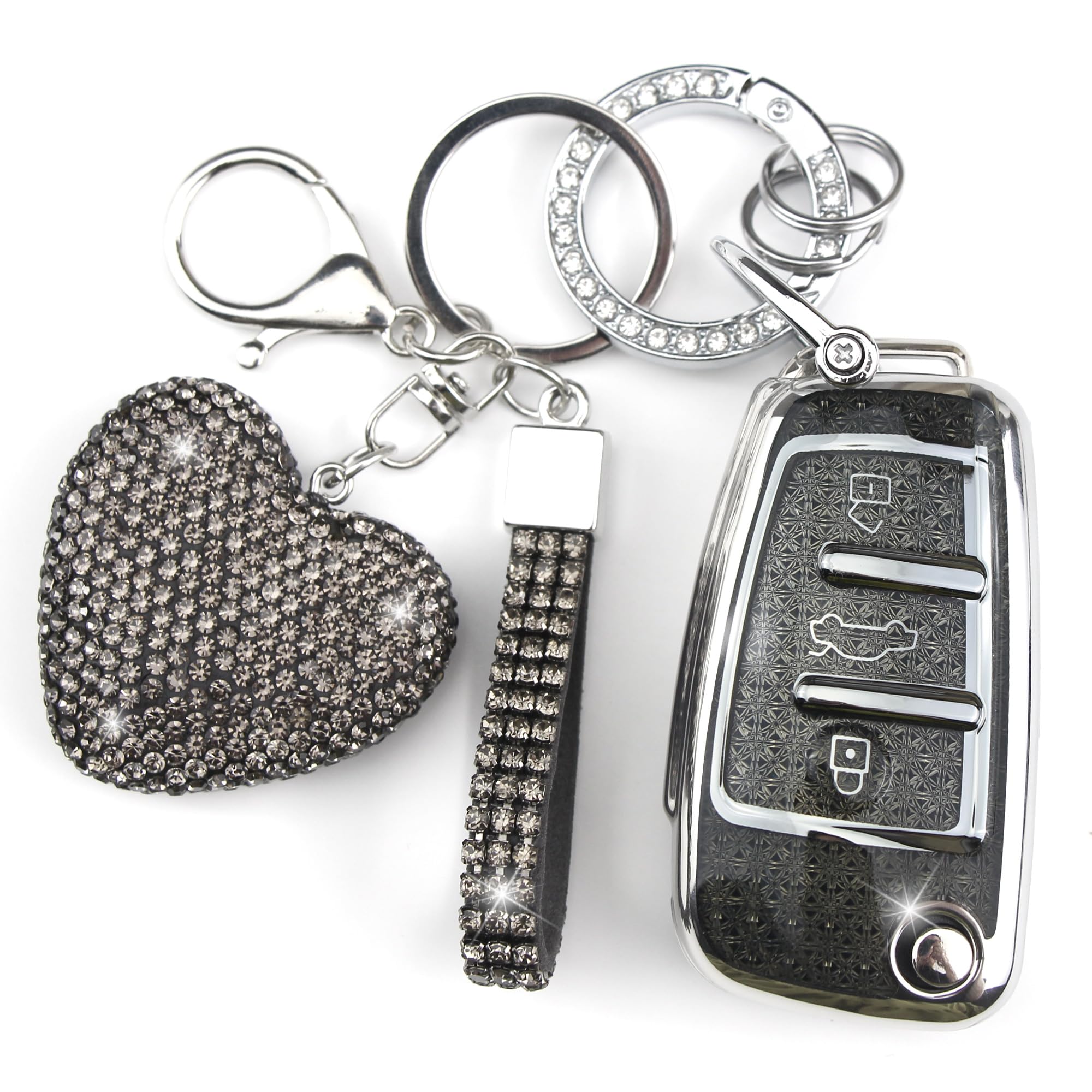 Photo 1 of ***NO HEART**YIKECASE Key Fob Cover with Diamond Keychain Compatible with Audi Car Key Holder Case Compatible with Audi A1 A3 Q3 Q7 R8 A6L TT Smart Remote Key Protector for Women, 3 Buttons (Black-Heart)