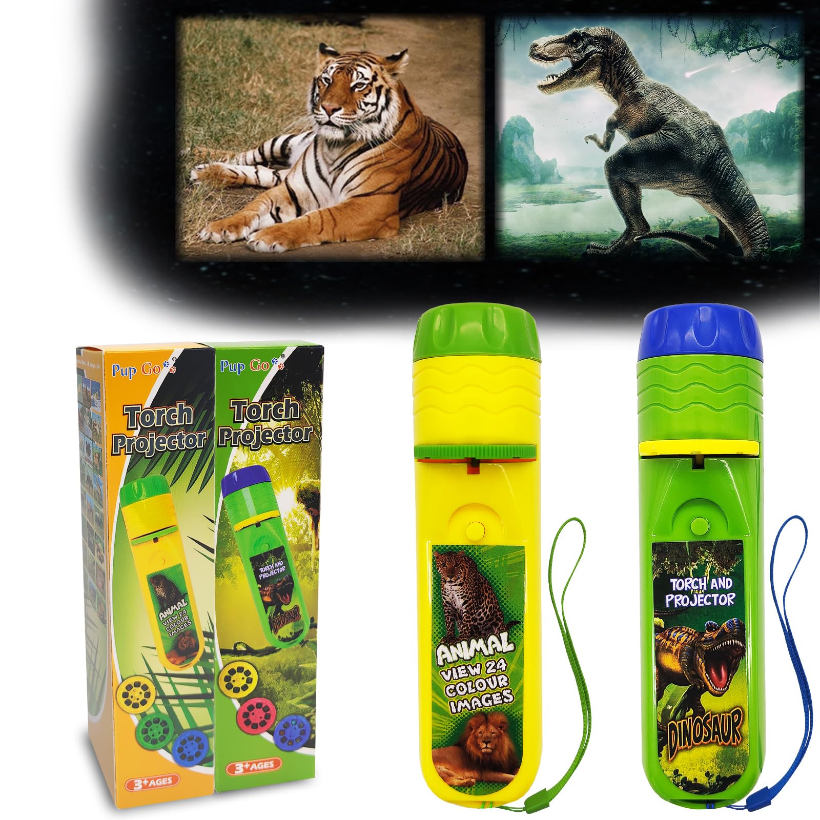 Pup Go Torch and Projector Toy for Kids Ages 3 4 5 6 7 8, 2 in 1 Dinosaur & Animal, 6 Discs and 48 Images, Educational Learning Toys Bedtime Night Light for Boys Girls Children(Dino+Animal) — image 1