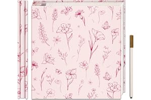 Vienrose Self Adhesive Photo Album for 4X6 8X10 Pictures, Linen Cover Scrapbook Pink Flower Printed Memory Book, 40 Blank Pages with A Metallic Pen for Baby Family Graduation Wedding Memories