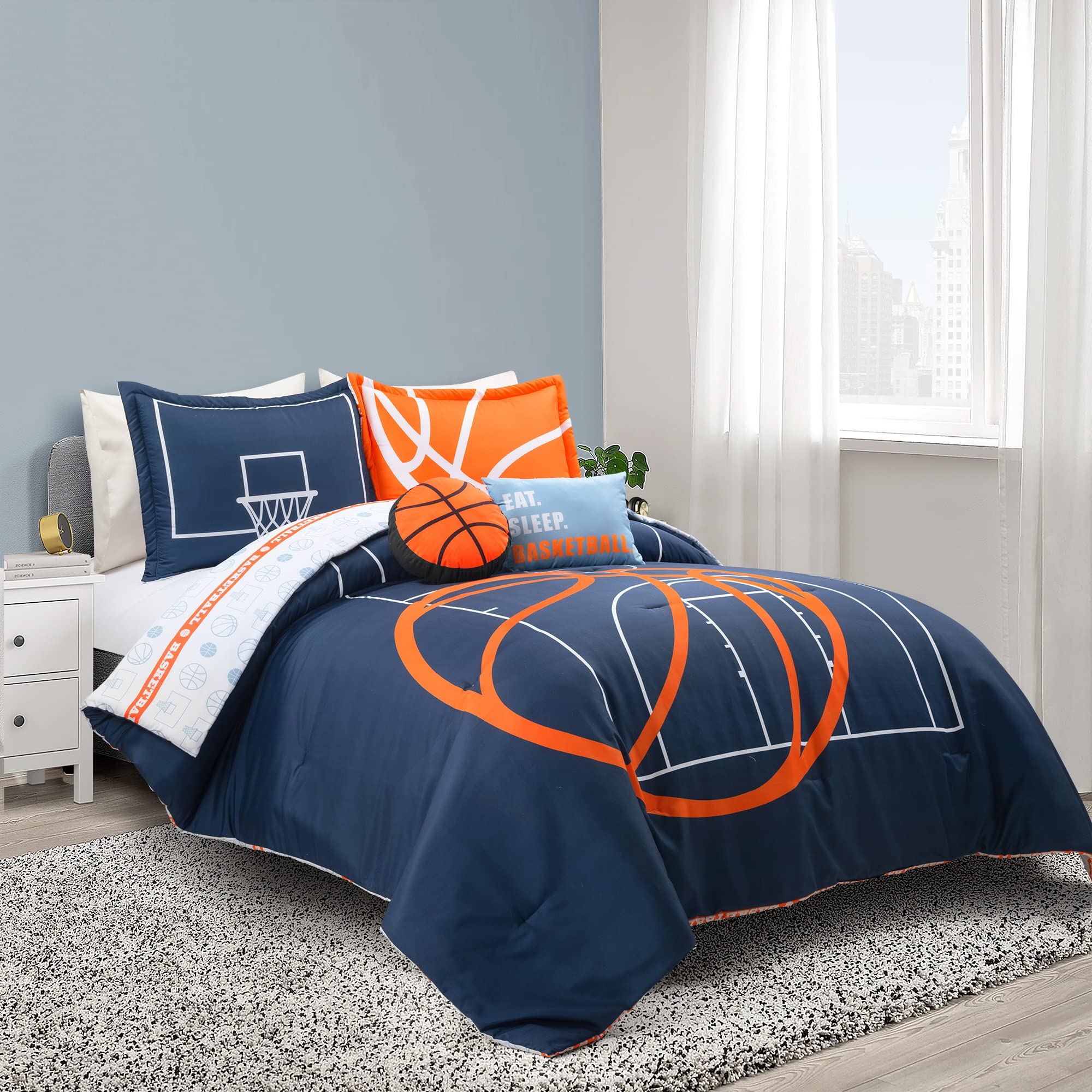 Lush Decor Basketball Game Reversible Comforter Queen Size 5 Piece Set, Full/Queen Navy – Kids Comforter Set – Basketball Comforters – Sports Decor