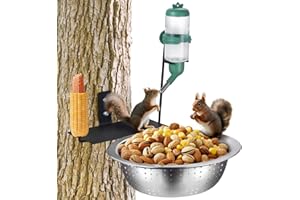 Karshall Squirrel Feeder Table with Water Bottle, Metal Squirrels Picnic Table, Easy to Install Clean, 8.5" Removable Bowl with Drainage and Airy Holes/No Assembly Required
