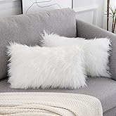 WLNUI Set of 2 White Decorative Lumbar Fluffy Pillow Covers New Luxury Series Merino Style Faux Fur Throw Pillow Covers Fuzzy Cushion Case Spring Easter Home Decor 12x20 Inch