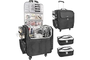 Rolling Makeup Train Case, Hairstylist Traveling Bag with 4 Wheels, Heat Insulation Full Layer, Adjustable Dividers, Hair Too